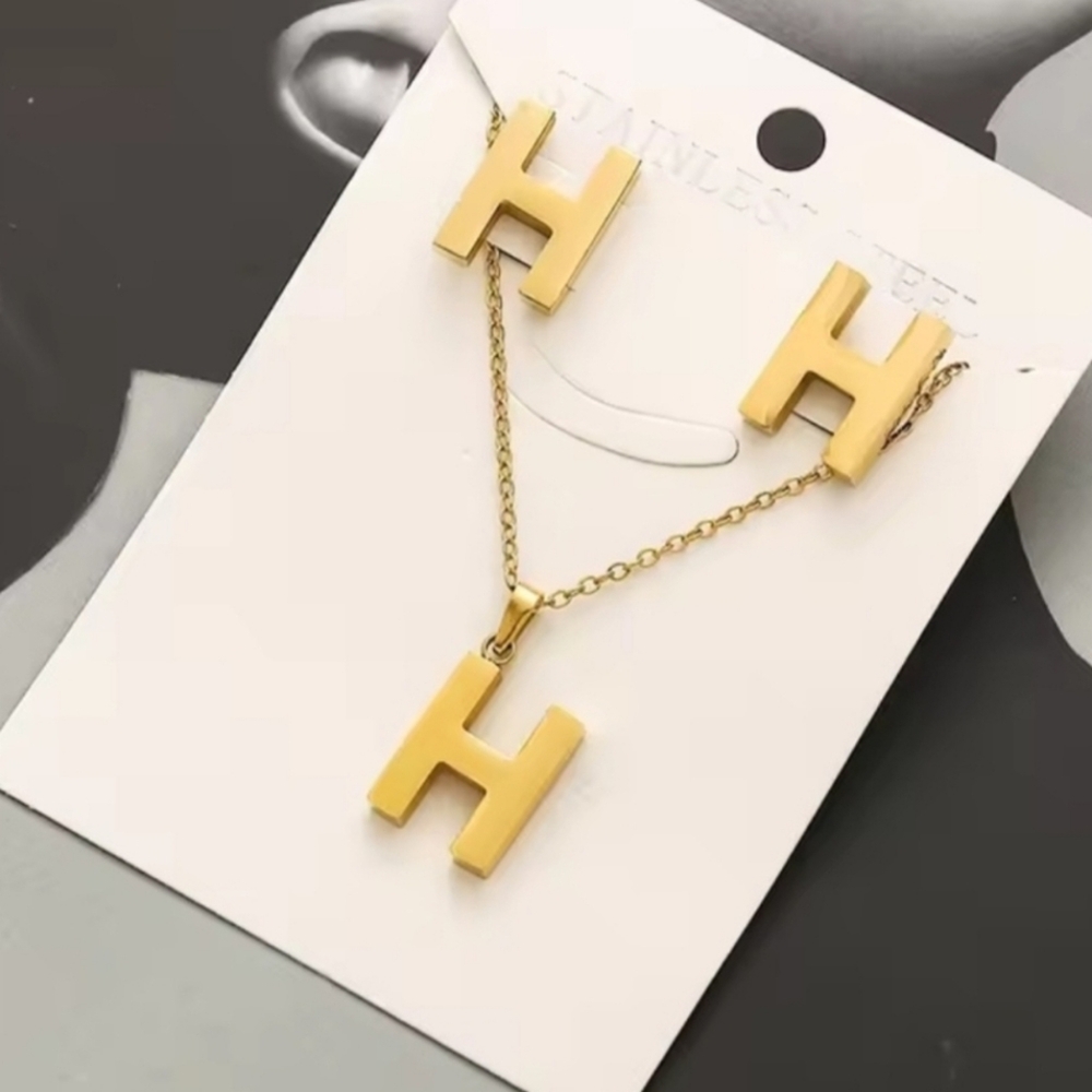 Gold Initial 'H' Necklace and Earrings Set